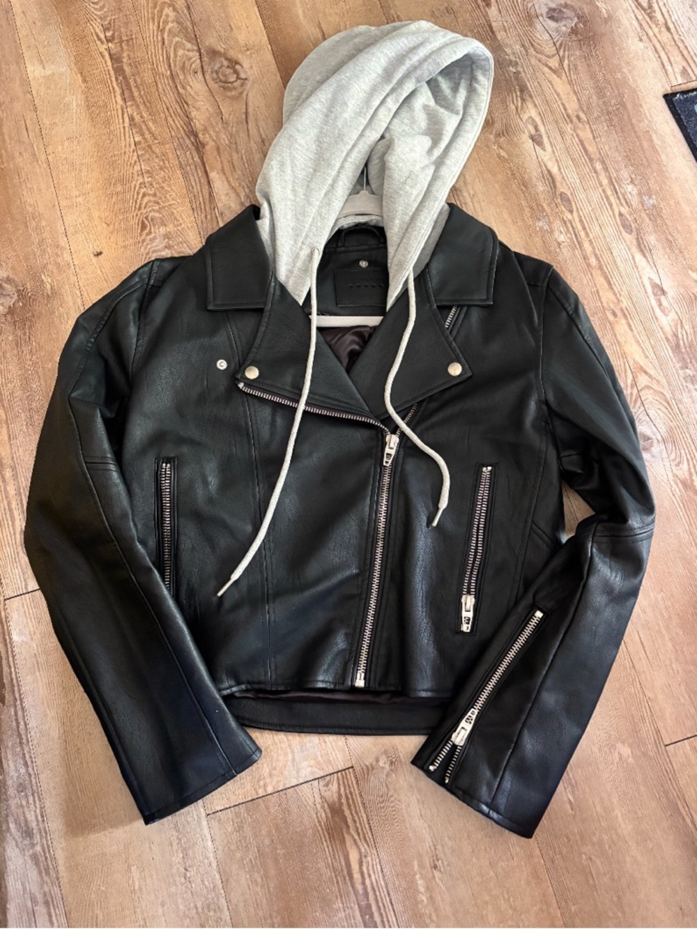 Black Faux Leather Moto Jacket with Grey Hooded Liner